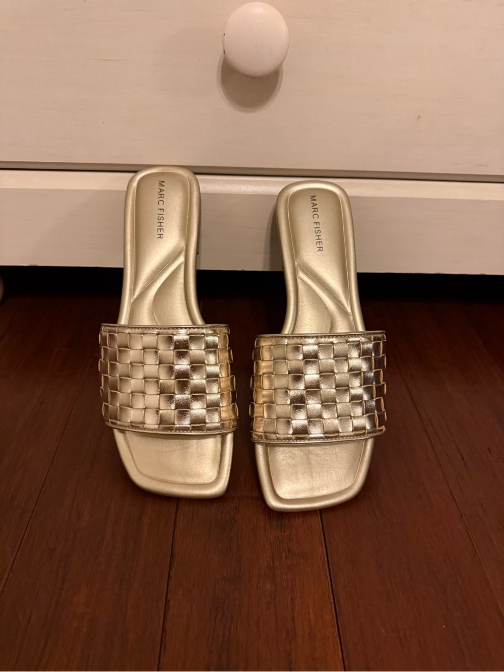 Marc Fisher Metallic Gold Woven Band Slide Sandals